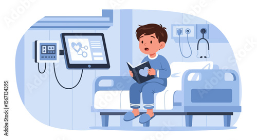 Boy Reading A Book On The Hospital Bed In A Ward Room