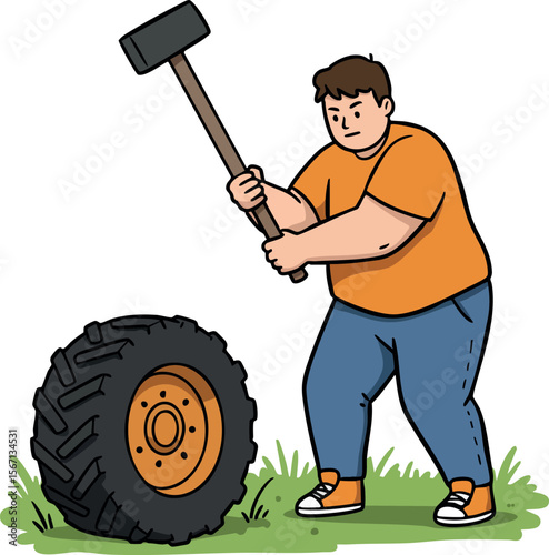 Man wearing orange shirt and blue jeans hitting tire with sledgehammer outdoor vector illustration 
