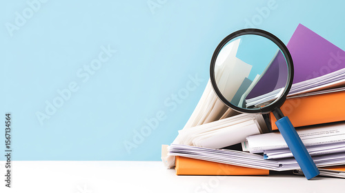 Magnifying glass over organized paperwork, documents, files, and folders on a blue backdrop, symbolizing investigation, audit, review, and information analysis.