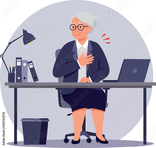 Elderly Woman Experiencing Chest Pain While Sitting at Office Desk Vector Illustration 