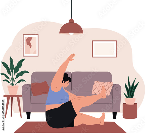 Woman exercising at home doing stretching workout with plants and sofa in background 