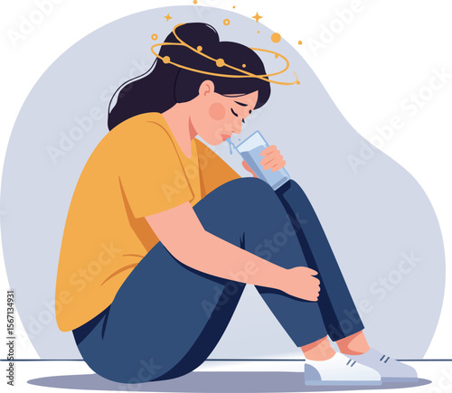 Woman sitting on floor holding glass of water feeling dizzy vector illustration 