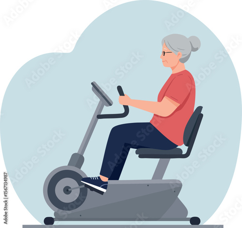 Senior woman exercising on recumbent stationary bike for active lifestyle fitness 
