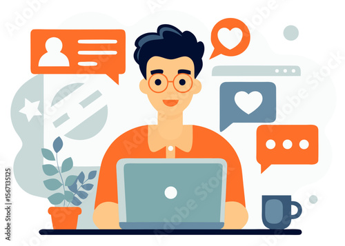 Professional Community Manager Working – Colorful Minimalist Vector Illustration for Digital Platforms