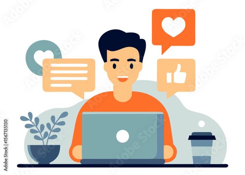 Professional Community Manager Working – Colorful Minimalist Vector Illustration for Digital Platforms