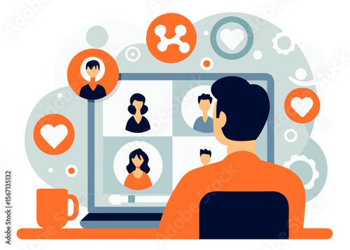 Virtual Team Meeting Illustration – Remote Communication with People on Video Call in Flat Style