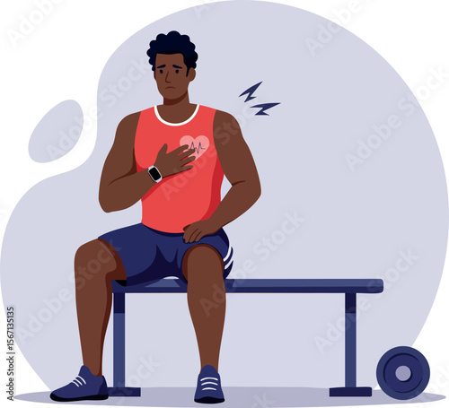 Man Experiencing Chest Pain After Workout Sitting on Gym Bench Vector Illustration 