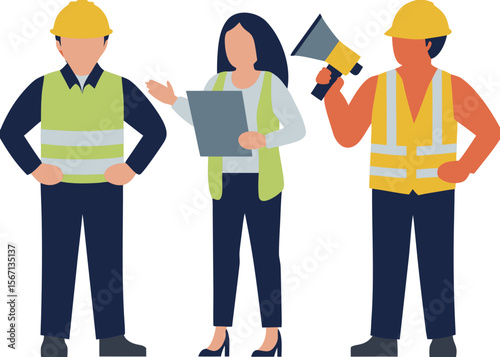 Construction Workers Discussing Plans – Vector Illustration of Team in Safety Helmets and Vests with Documents