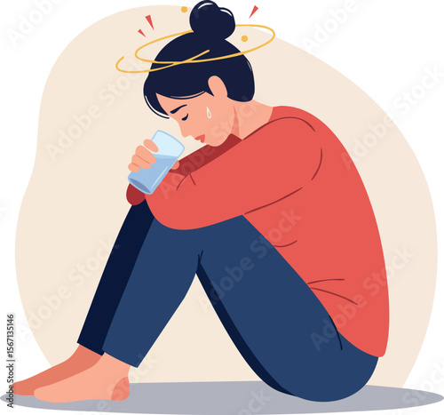 Woman feeling dizzy holding glass of water sitting on floor with red sweater and blue pants 