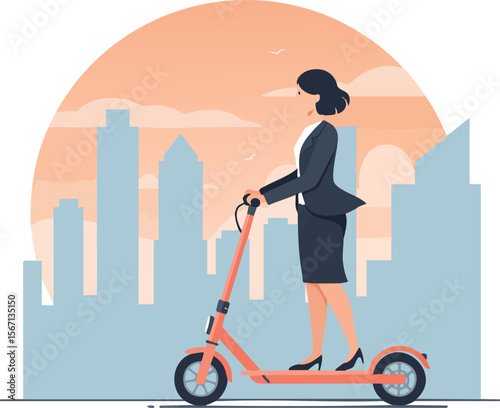 Businesswoman riding electric scooter in cityscape with sunset background vector illustration 