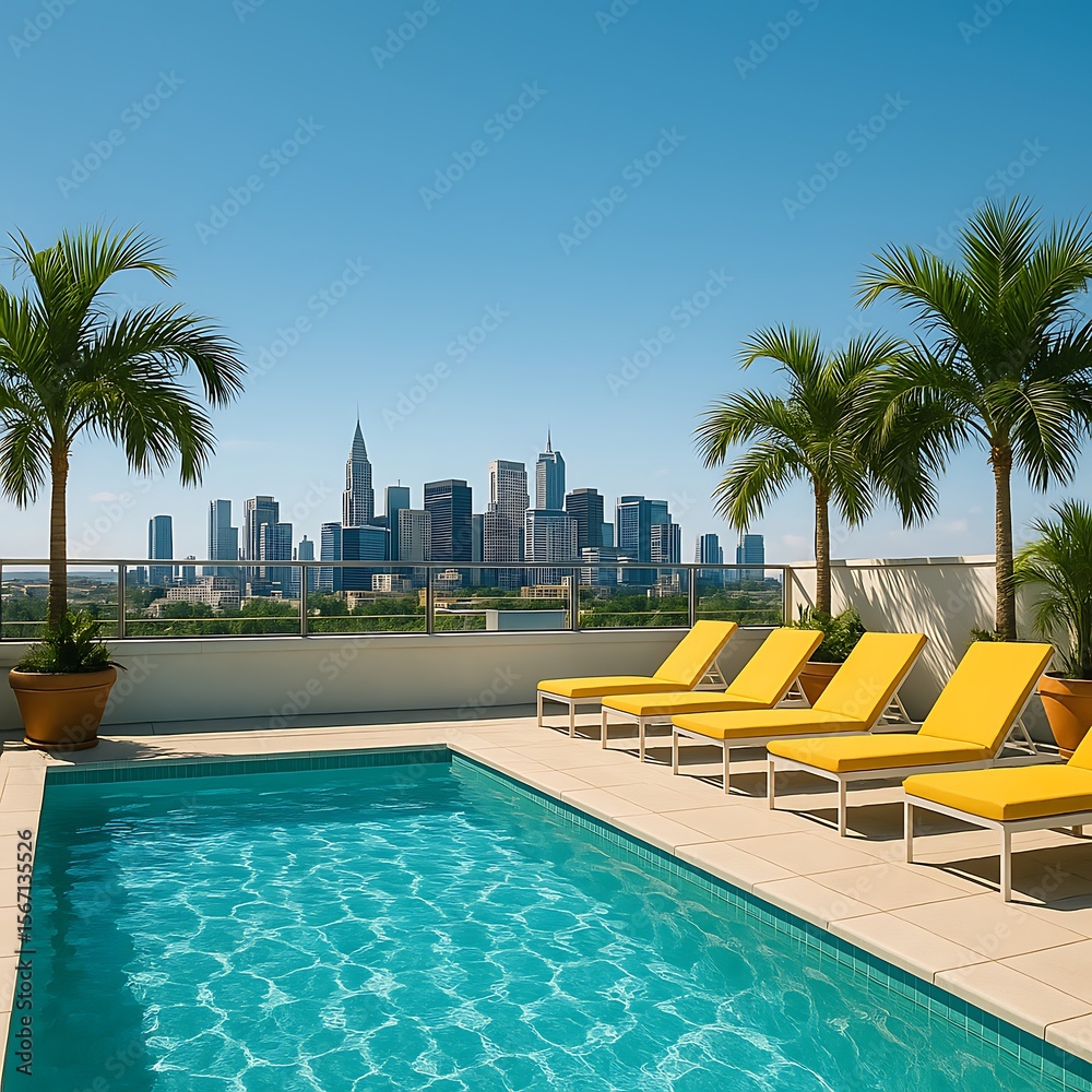 Fototapeta premium Luxury Rooftop Pool with City Skyline View: Modern Urban Oasis for Relaxation and Leisure, Featuring Contemporary Design and Stunning Architecture