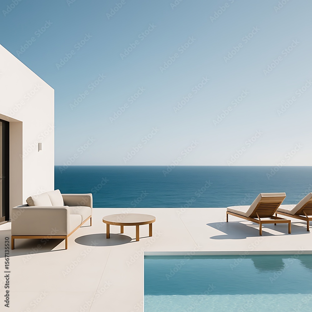Fototapeta premium Luxury villa with ocean view, minimalist architecture, bright and airy. Modern outdoor furniture, poolside relaxation. Ideal for travel and real estate concepts.