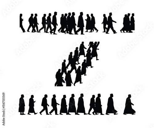 Group of People Walking Together Vector Silhouette, Community Unity Scene on White Background
