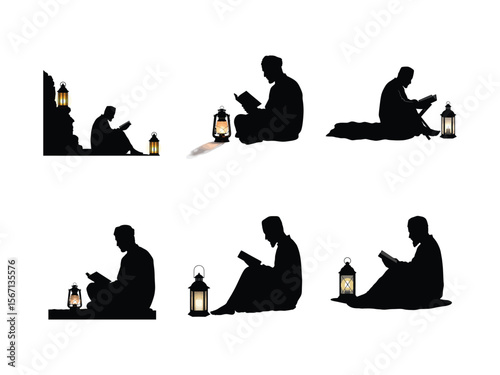 Person Praying with Crescent Moon and Lantern Vector Illustration, Islamic Worship Silhouette on White Background