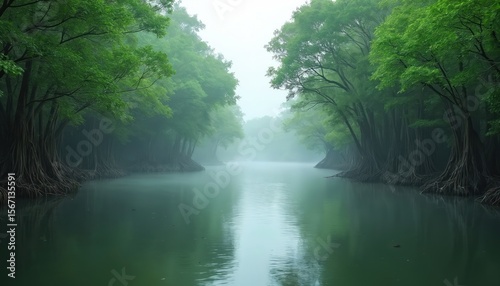 Misty mangrove forest landscape. Green trees, roots along calm river. Fog, mist, tranquil water. Nature background, wetland ecosystem, tropical jungle travel, adventure, conservation, habitat. Scenic