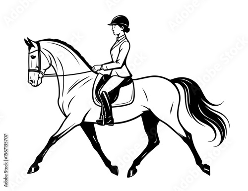 A woman riding a horse in a dressage pose, outlined in a black and white style