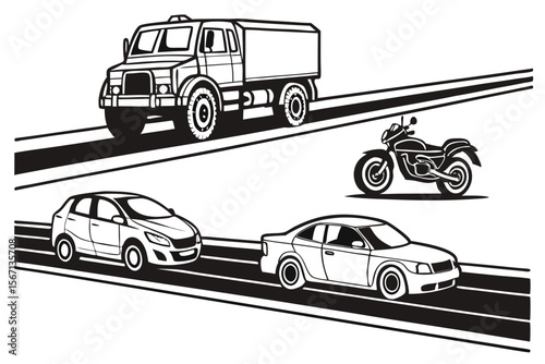 Monochrome Vehicles on the Road with Hatchback Sedan Motorcycle and Truck Creating a Busy Scene With Strong Lines