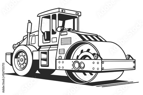 Monochrome Illustration of a Heavy Duty Road Roller Vehicle Used for Compacting Surfaces During Construction and Paving Projects