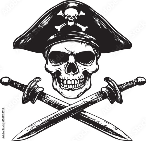 Pirate Skull with Crossed Swords Silhouette Vector Illustration on Transparent Background