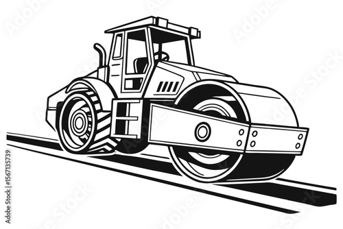 Monochrome Road Roller Illustration Heavy Construction Equipment for Compacting Soil Asphalt and Gravel on Road Construction Projects and Civil Engineering