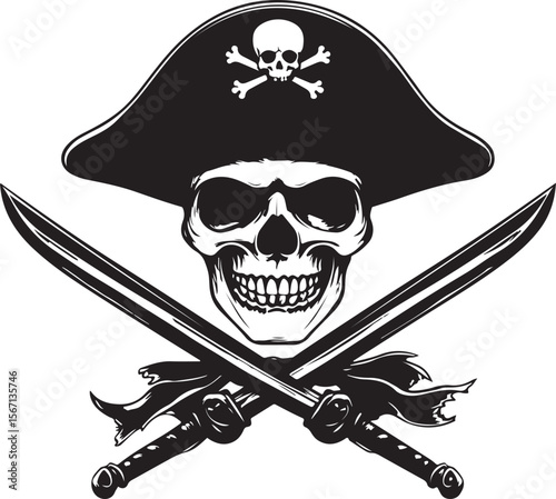 Pirate Skull with Crossed Swords Silhouette Vector Illustration on Transparent Background