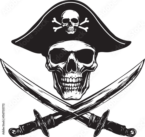 Pirate Skull with Crossed Swords Silhouette Vector Illustration on Transparent Background