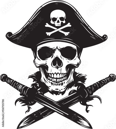 Pirate Skull with Crossed Swords Silhouette Vector Illustration on Transparent Background