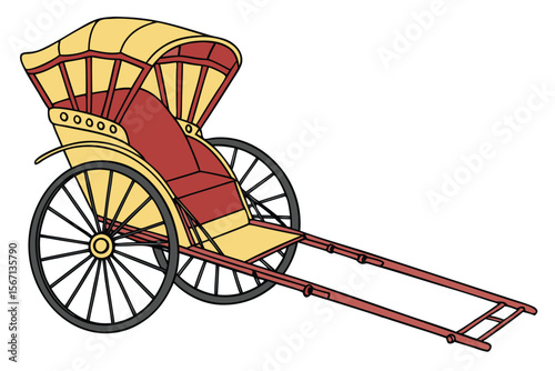 Traditional Two Wheeled Rickshaw with Passenger Seating and Pulling Mechanism, a Historical Mode of Human Powered Transport