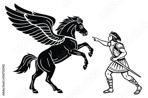Mythological Encounter Winged Horse and Warrior in Black and White Classicism Evokes Ancient Tales of Chivalry and Wonder
