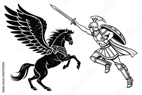 Pegasus and Warrior Clash A Timeless Battle of Myth and Might In Dynamic Black and White Illustration