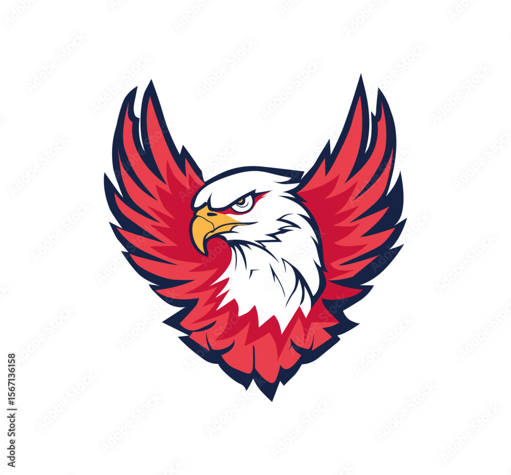 Obraz premium Majestic eagle soars with bold red and blue wings, a dynamic emblem for sport teams or patriotic designs.