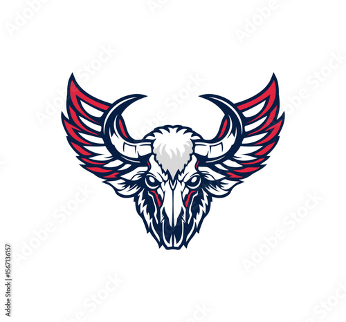 Striking bull skull graphic with stylized wings, offering a bold emblem suitable for branding, esports, or fierce sports teams.