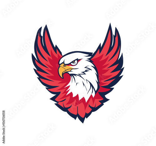 Majestic eagle soars with bold red and blue wings, a dynamic emblem for sport teams or patriotic designs.