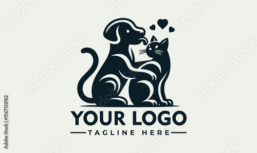 A stylized logo showing a dog licking a cat with hearts floating above them, with space for a logo and tagline.
