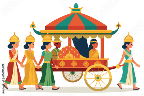 Procession of People Pulling Decorated Cart with Figures in Traditional Clothing and Golden Headdresses Walking Together Joyfully