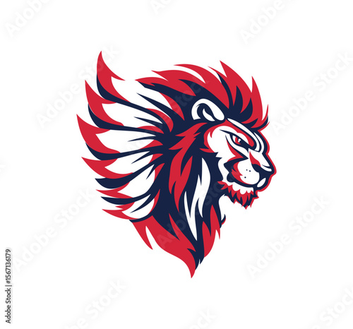 Fierce lion head graphic with a dynamic mane in bold red and navy, ideal for a mascot or logo design.