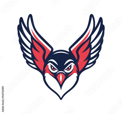 Striking falcon graphic with spread wings in red, white, and navy, ideal for branding or creating bold sport-themed emblems.