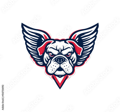 A stylized bulldog head graphic with wings, showcasing a fierce expression, ideal for sports team logos, branding or mascot designs.