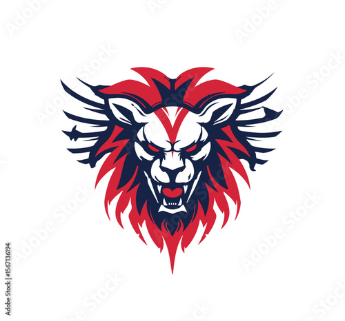 Fierce lion head graphic with aggressive expression, rendered in bold red and blue, suitable for sports team emblems or mascot designs.