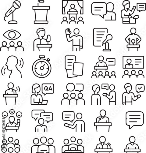 Collection of outline icons representing public speaking events presentations debates discussions and audience engagement with microphones podiums and speech bubbles