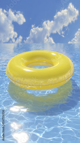A bright yellow pool float, centered and floating calmly on serene aqua-blue sea. Summer feelings