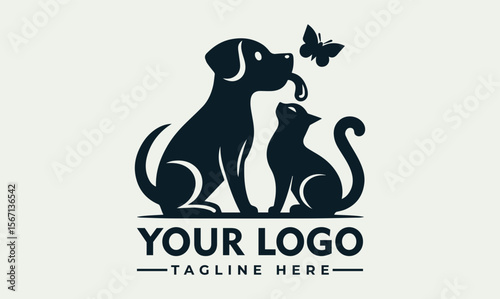Silhouette logo featuring a dog and cat, with a butterfly, representing pet care.