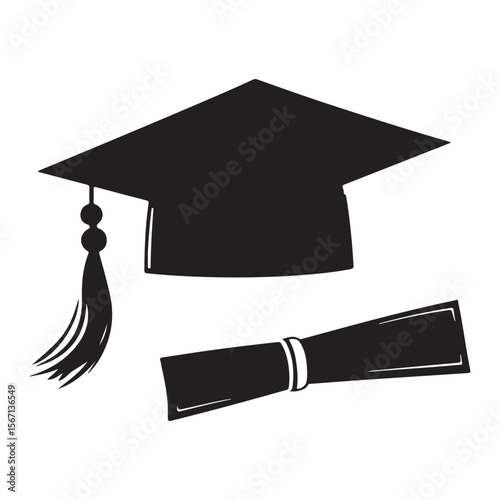 Graduation cap icon student graduate hat solid black vector, Silhouette of graduation hat