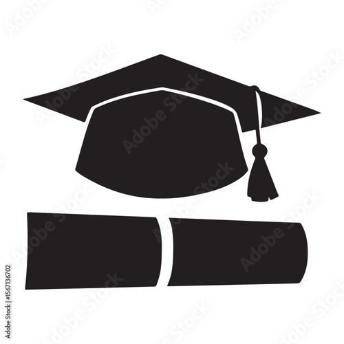 Graduation cap icon student graduate hat solid black vector, Silhouette of graduation hat