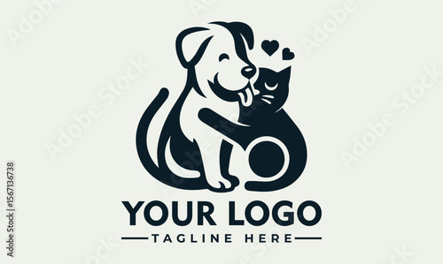 Stylized logo featuring a dog hugging a cat, with hearts above them, symbolizing friendship and love.