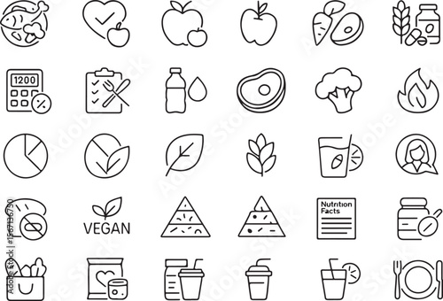 A collection of healthy eating and nutrition icons including fruits vegetables fish steak broccoli water bottle calculator and more for diet and wellness concepts