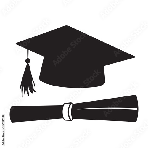 Graduation cap icon student graduate hat solid black vector, Silhouette of graduation hat