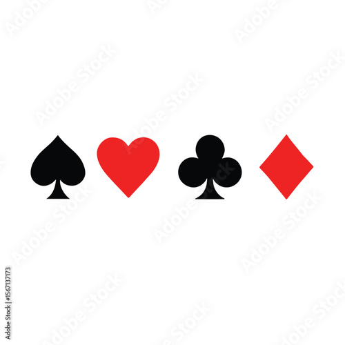 Playing Card Suits, Heart, Spade, Diamond, Club Icons on White Background

