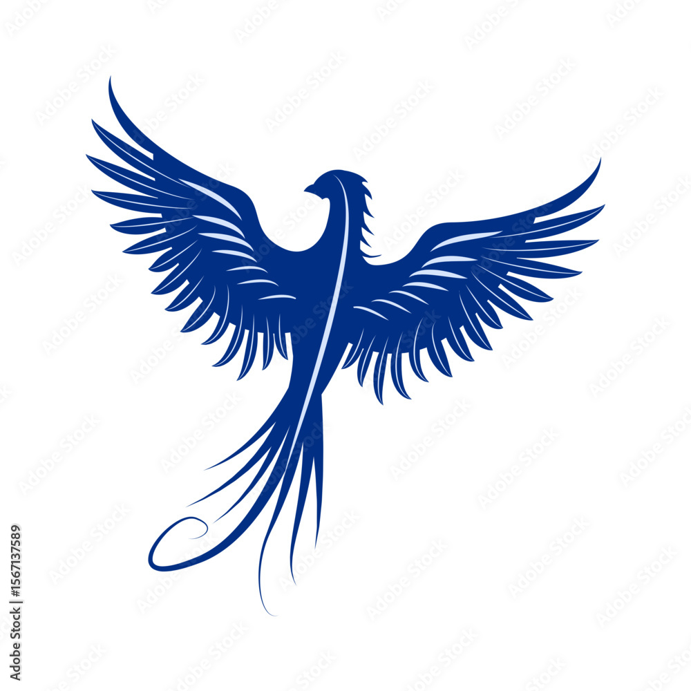 Fototapeta premium Graceful phoenix bird soars with outstretched wings, a stylized design ideal for logos, emblems, or sophisticated graphic elements.