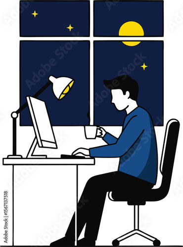 Minimalist Vector Illustration of Man Working Late at Night on Computer with Coffee and Moonlight